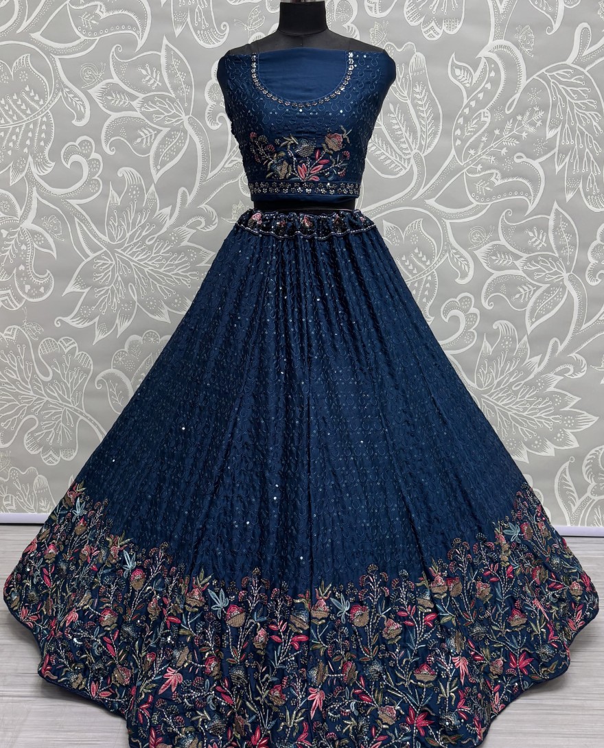 2811 - Beautiful Flower Pattern Blue Embroidery and Thread work design Partywear Lehengacholi 